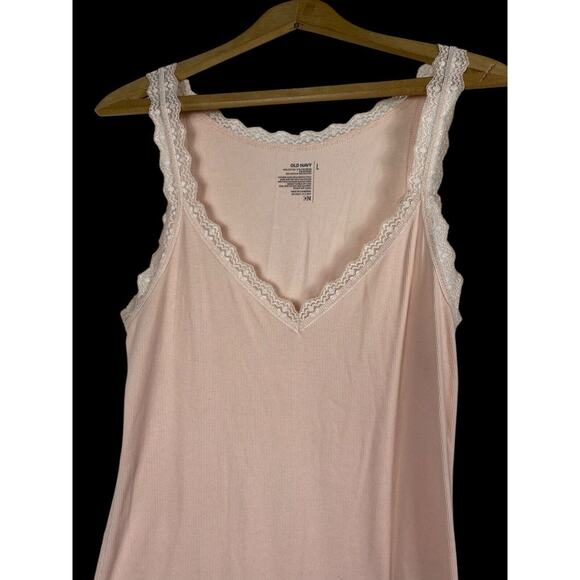Old Navy Tank Top Lace Trim Sweetheart Neckline Size L Y2K Fitted Ribbed Pink - Picture 3 of 5